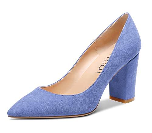Aachcol Damen Chunky Blockabsatz Mittlerem Hoher High Absatz Heel Pumps Slip-on Spitze Zehenkappe Dress Schuhe Büroschuhe Party Hochzeit Wildleder Hellblau 8 cm 38 EU von Aachcol