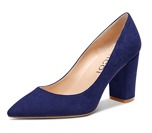 Aachcol Damen Chunky Blockabsatz Mittlerem Hoher High Absatz Heel Pumps Slip-on Spitze Zehenkappe Dress Schuhe Büroschuhe Party Hochzeit Wildleder Marineblau 8 cm 36 EU von Aachcol