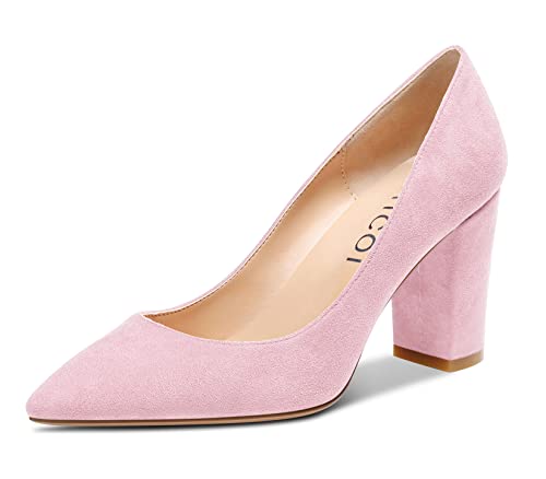 Aachcol Damen Chunky Blockabsatz Mittlerem Hoher High Absatz Heel Pumps Slip-on Spitze Zehenkappe Dress Schuhe Büroschuhe Party Hochzeit Wildleder Rosa 8 cm 40 EU von Aachcol