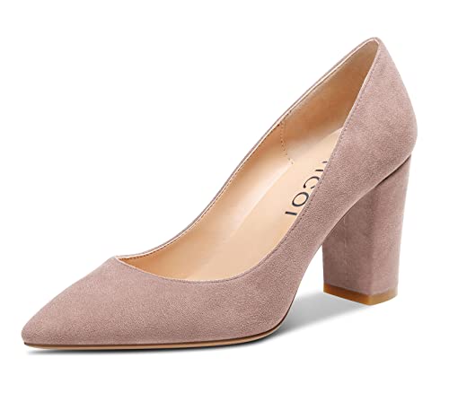 Aachcol Damen Chunky Blockabsatz Mittlerem Hoher High Absatz Heel Pumps Slip-on Spitze Zehenkappe Dress Schuhe Büroschuhe Party Hochzeit Wildleder Rosa B 8 cm 43 EU von Aachcol