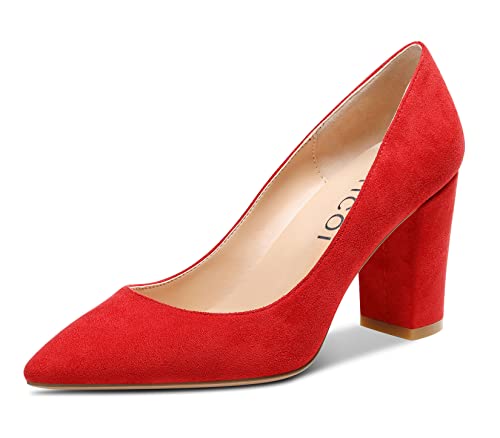 Aachcol Damen Chunky Blockabsatz Mittlerem Hoher High Absatz Heel Pumps Slip-on Spitze Zehenkappe Dress Schuhe Büroschuhe Party Hochzeit Wildleder Rot Wildleder 8 cm 37 EU von Aachcol