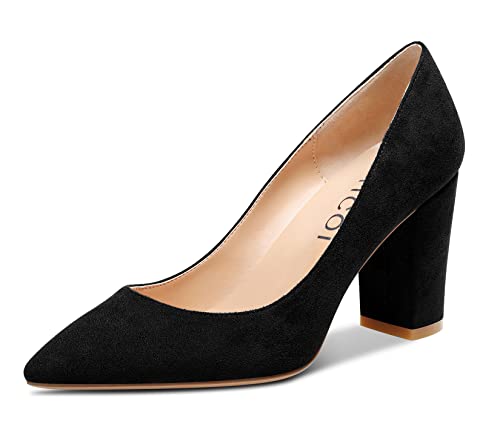 Aachcol Damen Chunky Blockabsatz Mittlerem Hoher High Absatz Heel Pumps Slip-on Spitze Zehenkappe Dress Schuhe Büroschuhe Party Hochzeit Wildleder Schwarz 8 cm 42 EU von Aachcol