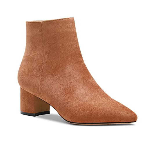 Aachcol Damen Chunky Blockabsatz Mittlerem Hoher High Absatz Heel Stiefeletten Geschlossene Spitze Zehenkappe Schuhe Wildleder Braun 5 CM 45 EU von Aachcol