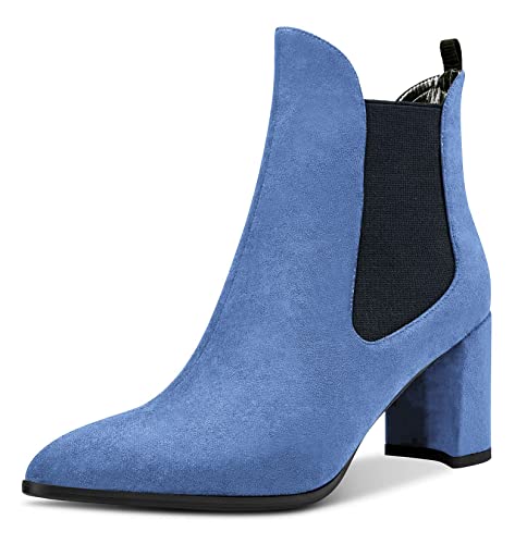 Aachcol Damen Chunky Blockabsatz Mittlerem Hoher High Absatz Heel Stiefeletten Geschlossene Spitze Zehenkappe Schuhe Wildleder Hellblau 7.5 CM 37 EU von Aachcol