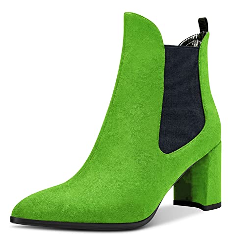 Aachcol Damen Chunky Blockabsatz Mittlerem Hoher High Absatz Heel Stiefeletten Geschlossene Spitze Zehenkappe Schuhe Wildleder Hellgrün 7.5 CM 37 EU von Aachcol