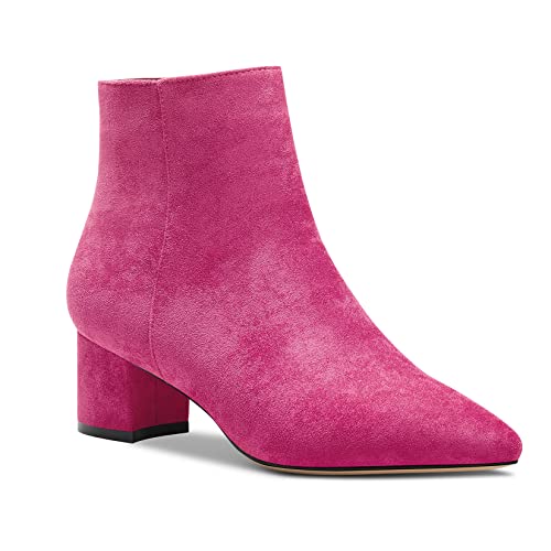 Aachcol Damen Chunky Blockabsatz Mittlerem Hoher High Absatz Heel Stiefeletten Geschlossene Spitze Zehenkappe Schuhe Wildleder Magenta Rot B 5 CM 39 EU von Aachcol