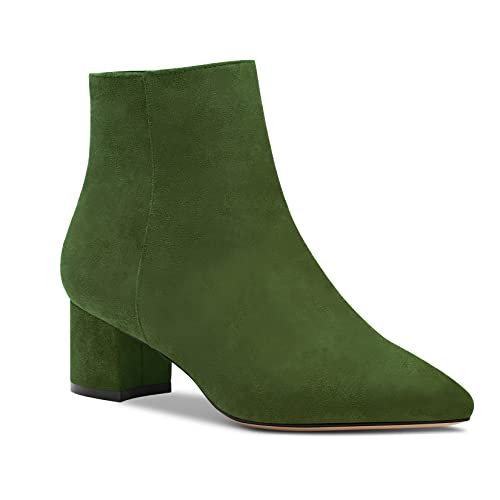 Aachcol Damen Chunky Blockabsatz Mittlerem Hoher High Absatz Heel Stiefeletten Geschlossene Spitze Zehenkappe Schuhe Wildleder Olive Grün 5 CM 38 EU von Aachcol