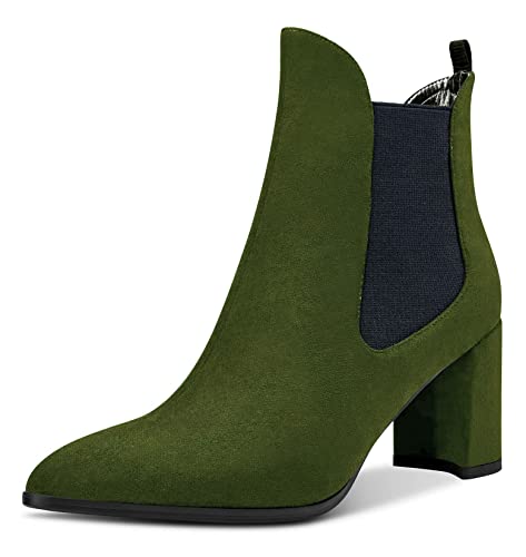 Aachcol Damen Chunky Blockabsatz Mittlerem Hoher High Absatz Heel Stiefeletten Geschlossene Spitze Zehenkappe Schuhe Wildleder Olive Grün 7.5 CM 38 EU von Aachcol