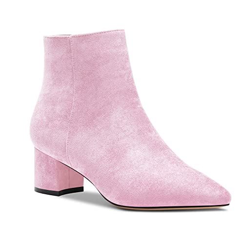 Aachcol Damen Chunky Blockabsatz Mittlerem Hoher High Absatz Heel Stiefeletten Geschlossene Spitze Zehenkappe Schuhe Wildleder Rosa 5 CM 35 EU von Aachcol