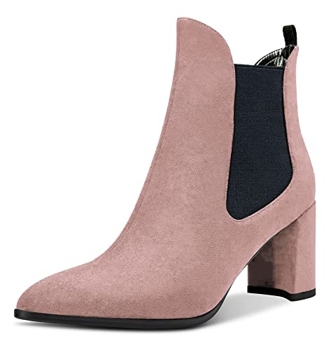 Aachcol Damen Chunky Blockabsatz Mittlerem Hoher High Absatz Heel Stiefeletten Geschlossene Spitze Zehenkappe Schuhe Wildleder Rosa B 7.5 CM 36 EU von Aachcol