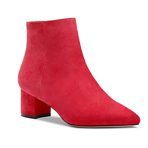 Aachcol Damen Chunky Blockabsatz Mittlerem Hoher High Absatz Heel Stiefeletten Geschlossene Spitze Zehenkappe Schuhe Wildleder Rot Wildleder 5 CM 35 EU von Aachcol