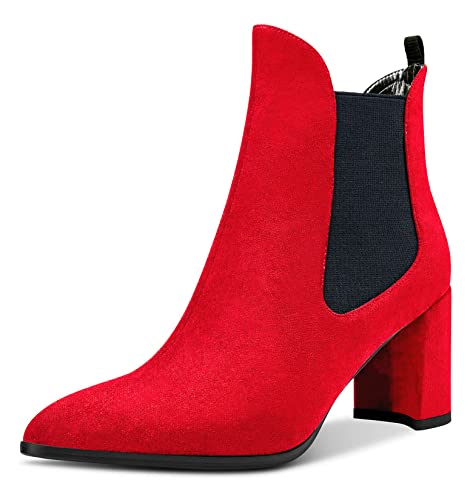 Aachcol Damen Chunky Blockabsatz Mittlerem Hoher High Absatz Heel Stiefeletten Geschlossene Spitze Zehenkappe Schuhe Wildleder Rot Wildleder 7.5 CM 40 EU von Aachcol