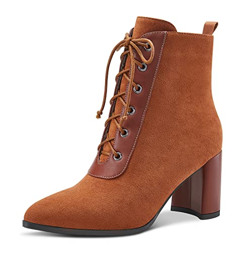 Aachcol Damen Chunky Blockabsatz Mittlerem Hoher High Absatz Heel Stiefeletten Schnüren Schnürung Geschlossene Spitze Zehenkappe Schuhe Wildleder Braun 7.5 CM 45 EU von Aachcol