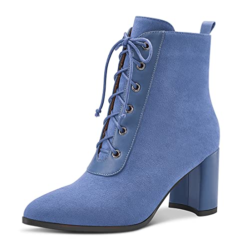 Aachcol Damen Chunky Blockabsatz Mittlerem Hoher High Absatz Heel Stiefeletten Schnüren Schnürung Geschlossene Spitze Zehenkappe Schuhe Wildleder Hellblau 7.5 CM 37 EU von Aachcol