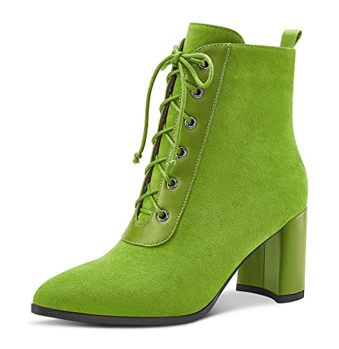 Aachcol Damen Chunky Blockabsatz Mittlerem Hoher High Absatz Heel Stiefeletten Schnüren Schnürung Geschlossene Spitze Zehenkappe Schuhe Wildleder Hellgrün 7.5 CM 40 EU von Aachcol