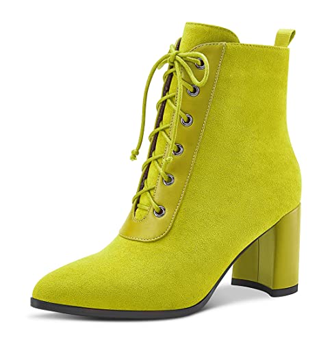 Aachcol Damen Chunky Blockabsatz Mittlerem Hoher High Absatz Heel Stiefeletten Schnüren Schnürung Geschlossene Spitze Zehenkappe Schuhe Wildleder Limonengrün 7.5 CM 36 EU von Aachcol