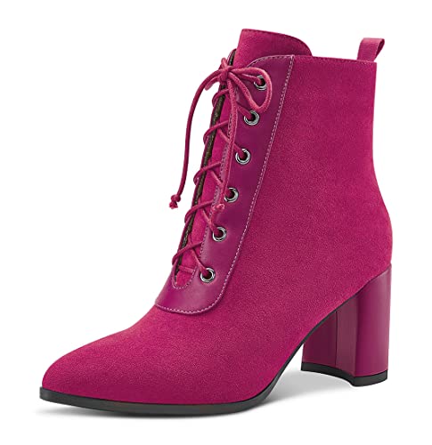 Aachcol Damen Chunky Blockabsatz Mittlerem Hoher High Absatz Heel Stiefeletten Schnüren Schnürung Geschlossene Spitze Zehenkappe Schuhe Wildleder Magenta Rot B 7.5 CM 39 EU von Aachcol