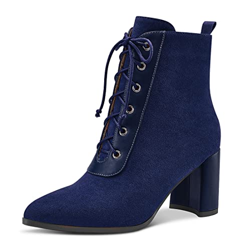 Aachcol Damen Chunky Blockabsatz Mittlerem Hoher High Absatz Heel Stiefeletten Schnüren Schnürung Geschlossene Spitze Zehenkappe Schuhe Wildleder Marineblau 7.5 CM 35 EU von Aachcol