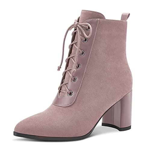 Aachcol Damen Chunky Blockabsatz Mittlerem Hoher High Absatz Heel Stiefeletten Schnüren Schnürung Geschlossene Spitze Zehenkappe Schuhe Wildleder Rosa B 7.5 CM 40 EU von Aachcol