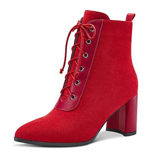 Aachcol Damen Chunky Blockabsatz Mittlerem Hoher High Absatz Heel Stiefeletten Schnüren Schnürung Geschlossene Spitze Zehenkappe Schuhe Wildleder Rot Wildleder 7.5 CM 42 EU von Aachcol