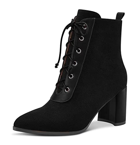 Aachcol Damen Chunky Blockabsatz Mittlerem Hoher High Absatz Heel Stiefeletten Schnüren Schnürung Geschlossene Spitze Zehenkappe Schuhe Wildleder Schwarz 7.5 CM 38 EU von Aachcol