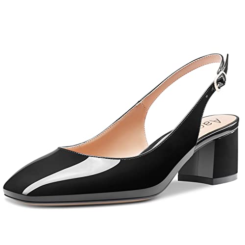 Aachcol Damen Chunky Blockabsatz Mittlerem Niedrige Absatz Heel Pumps Knöchelriemen Slingback Eckige Zehenkappe Dress Schuhe Büroschuhe Party Hochzeit Lackleder Schwarz 5 cm 43 EU von Aachcol