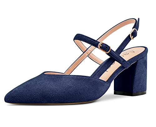 Aachcol Damen Chunky Blockabsatz Mittlerem Niedrige Absatz Heel Pumps Knöchelriemen Slingback Spitze Zehenkappe Dress Schuhe Büroschuhe Party Hochzeit Wildleder Marineblau 6.5 cm 39 EU von Aachcol