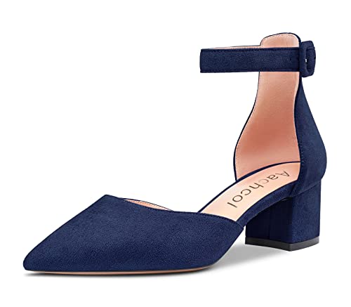 Aachcol Damen Chunky Blockabsatz Mittlerem Niedrige Absatz Heel Pumps Knöchelriemen Spitze Zehenkappe Dress Schuhe Büroschuhe Party Hochzeit Wildleder Marineblau 5 cm 42 EU von Aachcol