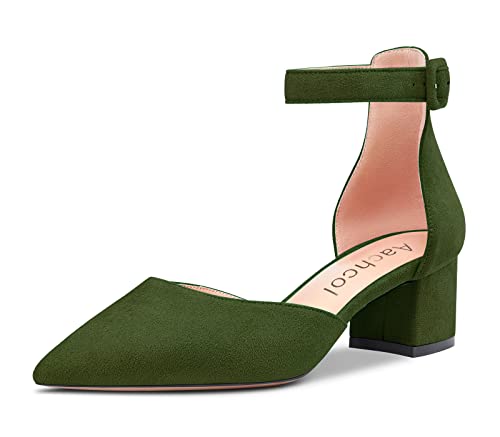 Aachcol Damen Chunky Blockabsatz Mittlerem Niedrige Absatz Heel Pumps Knöchelriemen Spitze Zehenkappe Dress Schuhe Büroschuhe Party Hochzeit Wildleder Olive Grün 5 cm 42 EU von Aachcol