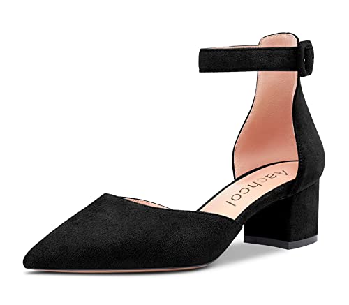 Aachcol Damen Chunky Blockabsatz Mittlerem Niedrige Absatz Heel Pumps Knöchelriemen Spitze Zehenkappe Dress Schuhe Büroschuhe Party Hochzeit Wildleder Schwarz 5 cm 35 EU von Aachcol