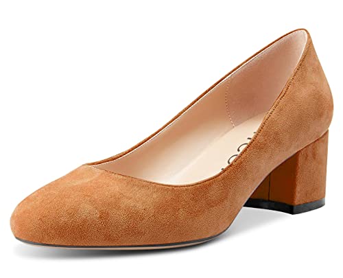 Aachcol Damen Chunky Blockabsatz Mittlerem Niedrige Absatz Heel Pumps Slip-on Runde Zehenkappe Dress Schuhe Büroschuhe Party Hochzeit Wildleder Braun 5 cm 39 EU von Aachcol