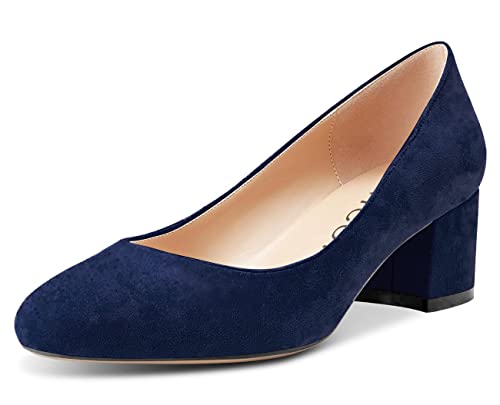 Aachcol Damen Chunky Blockabsatz Mittlerem Niedrige Absatz Heel Pumps Slip-on Runde Zehenkappe Dress Schuhe Büroschuhe Party Hochzeit Wildleder Marineblau 5 cm 35 EU von Aachcol