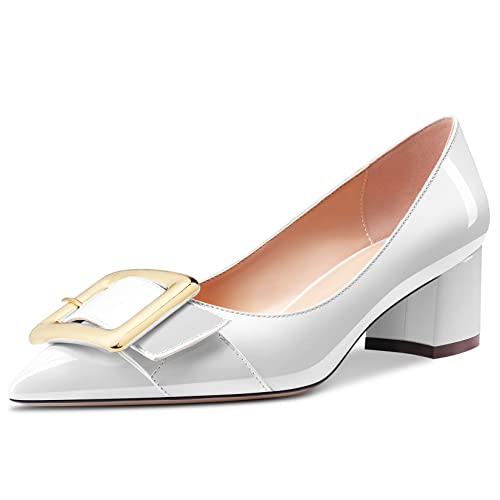 Aachcol Damen Chunky Blockabsatz Mittlerem Niedrige Absatz Heel Pumps Slip-on Spitze Zehenkappe Dress Schuhe Büroschuhe Party Hochzeit Lackleder Weiß 5 cm 39 EU von Aachcol