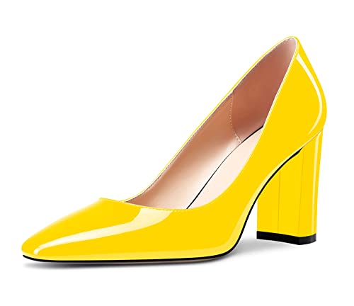 Aachcol Damen Eckige Zehenkappe Pumps Chunky Blockabsatz Mittlerem Absatz Heel Slip-on Dress Schuhe Büroschuhe 8 cm Gelb Lackleder 38 EU von Aachcol