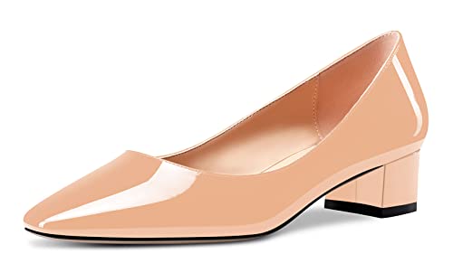 Aachcol Damen Eckige Zehenkappe Pumps Chunky Blockabsatz Niedrige Absatz Heel Slip-on Dress Schuhe Büroschuhe Beige Lackleder 3.5 cm 40 EU von Aachcol
