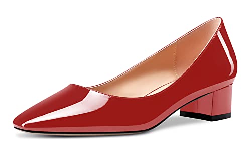 Aachcol Damen Eckige Zehenkappe Pumps Chunky Blockabsatz Niedrige Absatz Heel Slip-on Dress Schuhe Büroschuhe Burgund Rot Lackleder 3.5 cm 38 EU von Aachcol