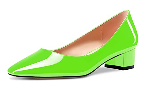 Aachcol Damen Eckige Zehenkappe Pumps Chunky Blockabsatz Niedrige Absatz Heel Slip-on Dress Schuhe Büroschuhe Lindgrün Lackleder 3.5 cm 39 EU von Aachcol