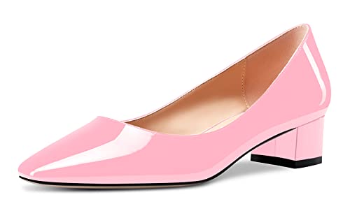 Aachcol Damen Eckige Zehenkappe Pumps Chunky Blockabsatz Niedrige Absatz Heel Slip-on Dress Schuhe Büroschuhe Rosa Lackleder 3.5 cm 38 EU von Aachcol