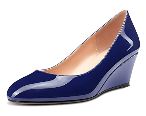 Aachcol Damen Keilabsatz Absatz Pumps Mittlerem Absatz Heel Runde Zehenkappe Slip-on Schuhe Hochzeit Büroschuhe Party 5 cm Navy Blau Lackleder 37 EU von Aachcol