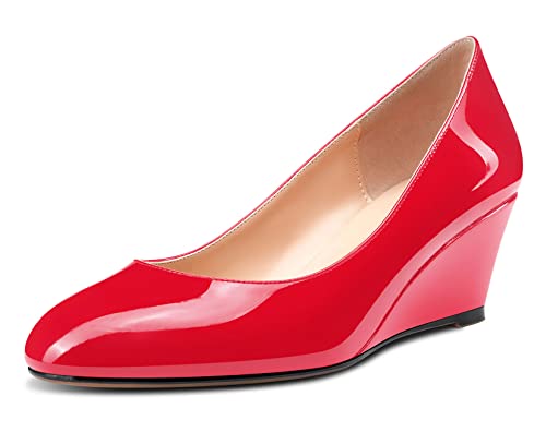 Aachcol Damen Keilabsatz Absatz Pumps Mittlerem Absatz Heel Runde Zehenkappe Slip-on Schuhe Hochzeit Büroschuhe Party 5 cm Rot Lackleder 39 EU von Aachcol