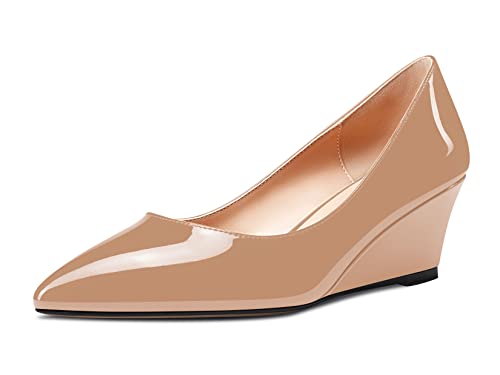 Aachcol Damen Keilabsatz Mittlerem Absatz Heels Spitze Zehenkappe Pumps Slip-on Schuhe Hochzeit Party 5 cm Beige Lackleder 36 EU von Aachcol