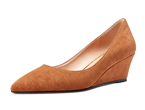 Aachcol Damen Keilabsatz Mittlerem Absatz Heels Spitze Zehenkappe Pumps Slip-on Schuhe Hochzeit Party 5 cm Braun Wildleder 45 EU von Aachcol