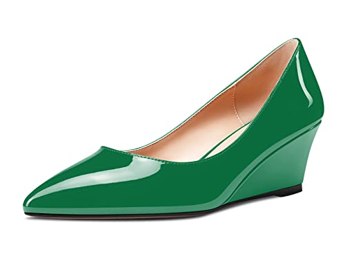 Aachcol Damen Keilabsatz Mittlerem Absatz Heels Spitze Zehenkappe Pumps Slip-on Schuhe Hochzeit Party 5 cm Grün Lackleder 39 EU von Aachcol