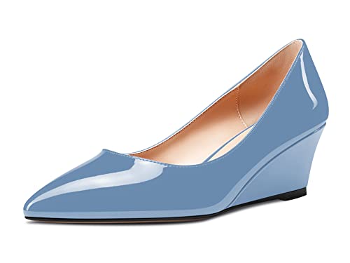 Aachcol Damen Keilabsatz Mittlerem Absatz Heels Spitze Zehenkappe Pumps Slip-on Schuhe Hochzeit Party 5 cm Hellblau Lackleder 38 EU von Aachcol