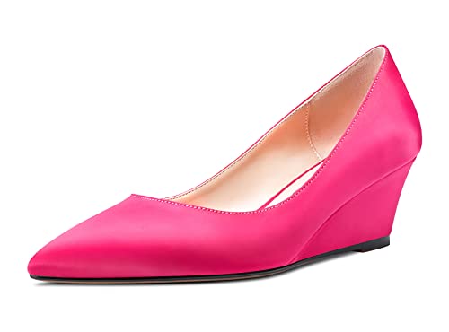 Aachcol Damen Keilabsatz Mittlerem Absatz Heels Spitze Zehenkappe Pumps Slip-on Schuhe Hochzeit Party 5 cm Rosa Magenta Satin 41 EU von Aachcol