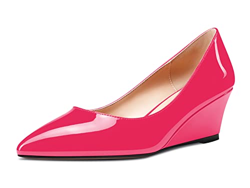 Aachcol Damen Keilabsatz Mittlerem Absatz Heels Spitze Zehenkappe Pumps Slip-on Schuhe Hochzeit Party 5 cm Rot Magenta Lackleder 36 EU von Aachcol