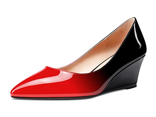 Aachcol Damen Keilabsatz Mittlerem Absatz Heels Spitze Zehenkappe Pumps Slip-on Schuhe Hochzeit Party 5 cm Rot Schwarz Lackleder 36 EU von Aachcol