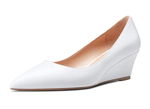Aachcol Damen Keilabsatz Mittlerem Absatz Heels Spitze Zehenkappe Pumps Slip-on Schuhe Hochzeit Party 5 cm Weiß Satin 39 EU von Aachcol