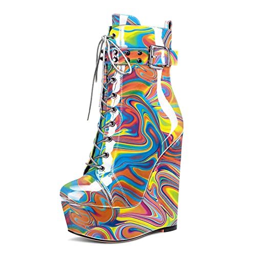 Aachcol Damen Keilabsatz Plateau Plattform Hoher High Absatz Heel Stiefeletten Runde Geschlossene Zehenkappe Schnüren Schnürung Schuhe Niete Schnalle Lackleder Regenbogen Mehrfarbig 15 CM 45 EU Aachcol Damen Keilabsatz Plateau Plattform Hoher High Absatz Heel Stiefeletten Runde Geschlossene Zehenkappe Schnüren Schnürung Schuhe Niete Schnalle Lackleder Regenbogen Mehrfarbig 15 CM 45 EU von Aachcol