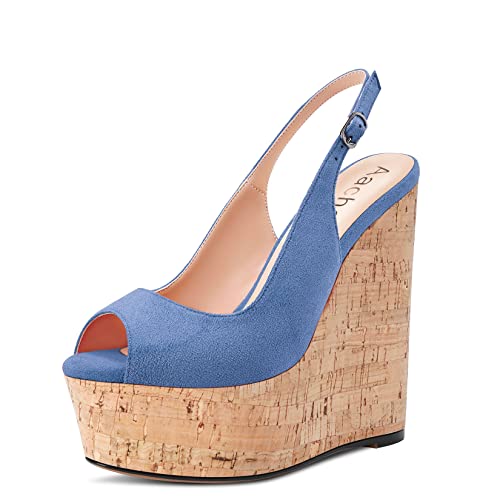 Aachcol Damen Keilabsatz Plateau Plattform Pumps Peep Open Zehenkappe Knöchelriemen Slingback Rückengurt Hoher High Absatz Heel Dress Schuhe Sandalen Wildleder Hellblau 15 cm 43 EU von Aachcol